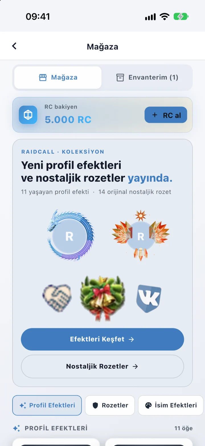 RaidCall mobil mağazasında profil efektleri ve nostaljik rozetler